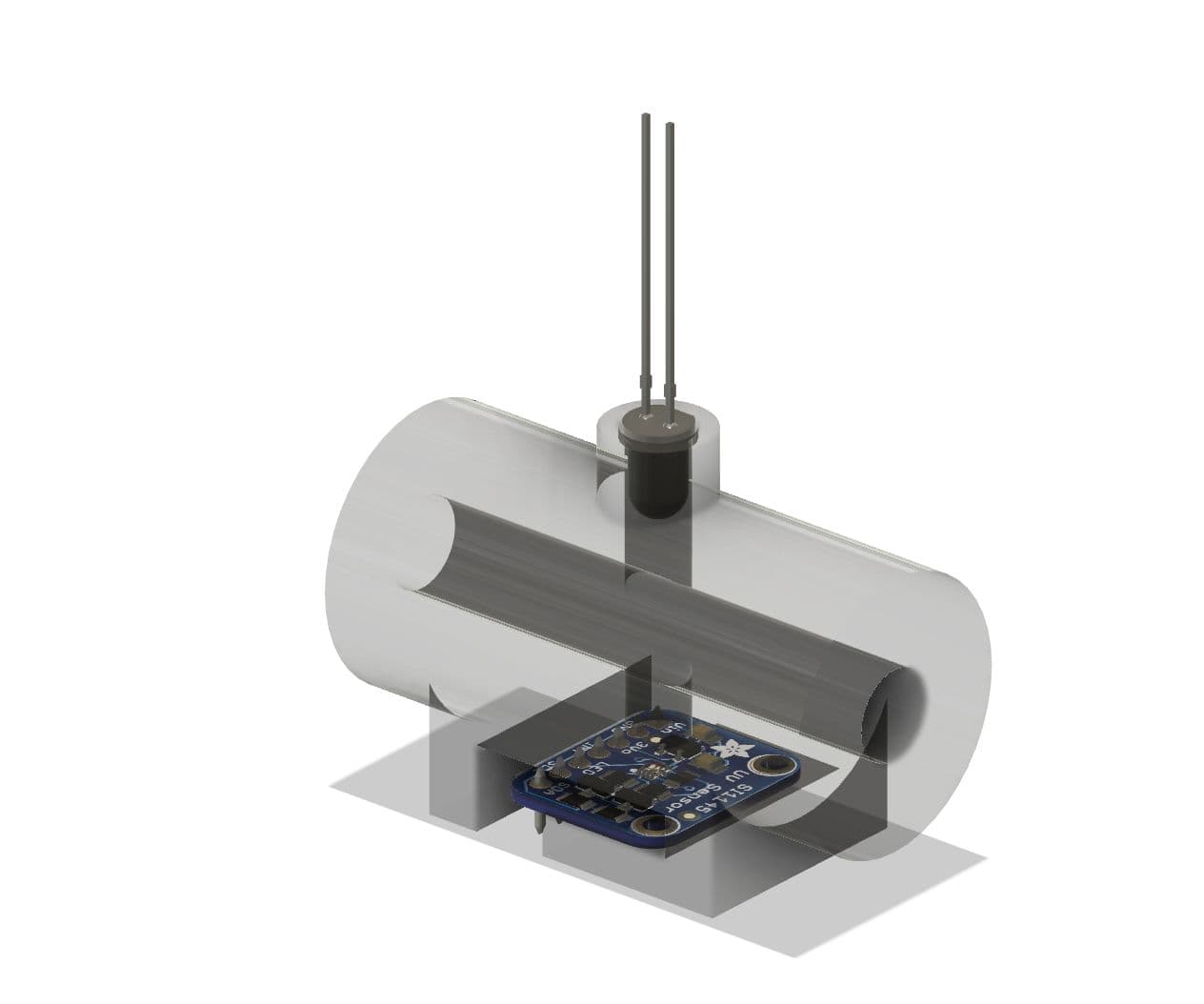 Cutaway render of the 3D-printed OD sensor housing, with the light sensor board under the flow channel